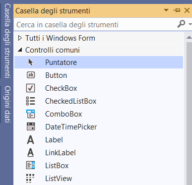 Parte della casella degli strumenti stanard di Visual Studio