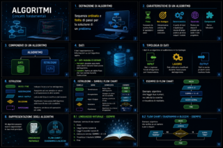 Schema riassuntivo sugli algoritmi, definizione, componenti, caratteristiche e rappresentazione.